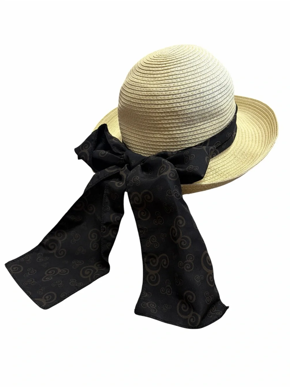 Disney Parks Authentic Original Women Straw Sun Hat Black Ribbon Bow Cream Adult